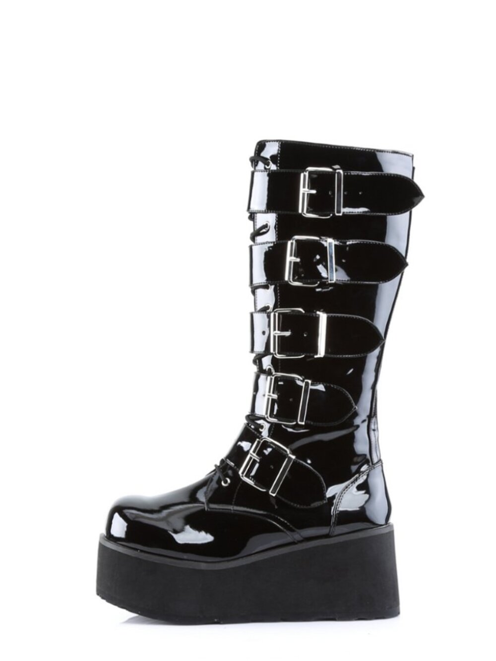 Black Pat Lace-Up Knee High Boots with Buckle Straps